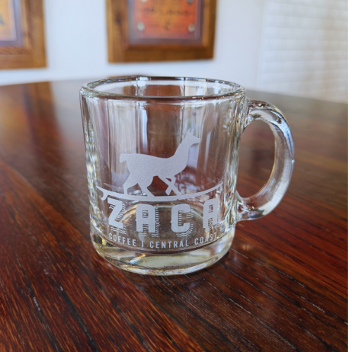 Zaca Coffee 13 oz Glass Engraved Mug